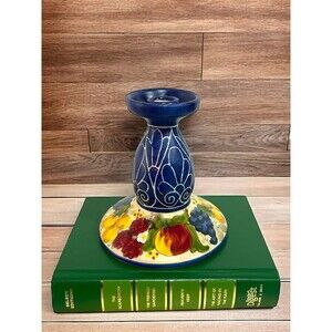 Vtg Studio Arta Italian Candle Holder Blue Fruit Motif 5.5" Handpainted Italy